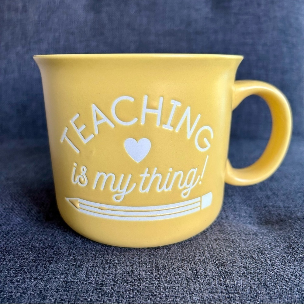 “Teaching is my Thing” Colorful Pencil Lined Coffee Mug, Yellow, White, 20 oz